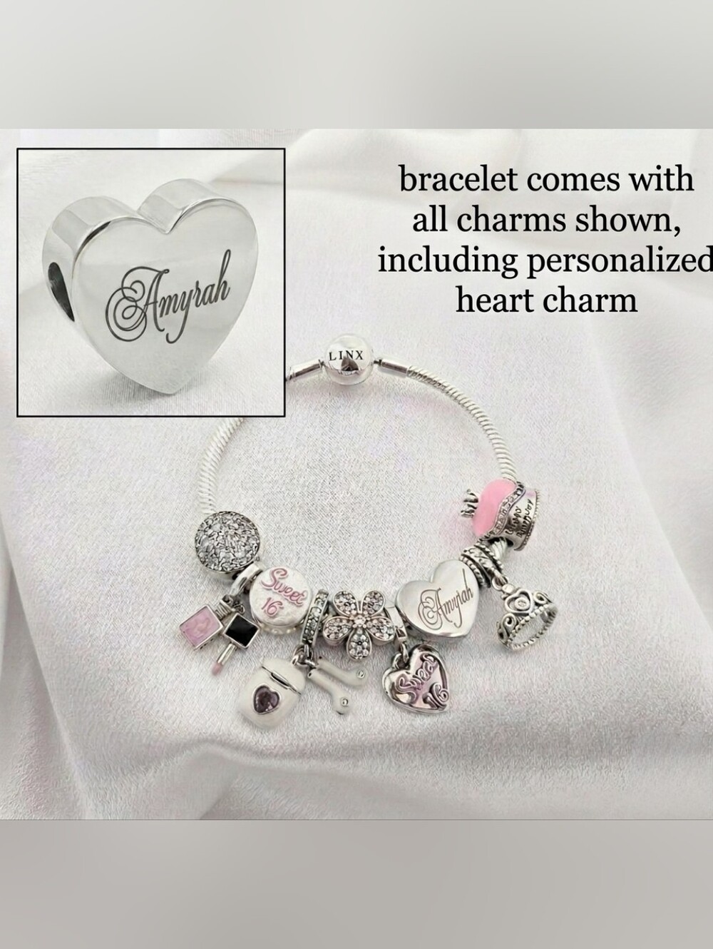Linx Snake Chain Bracelet with Sweet 16 Charms and Personalized Name Charm
